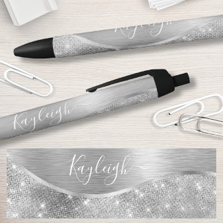 Silver Glitter Glam Bling Personalised Metallic Black Ink Pen