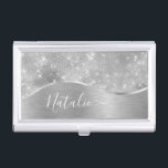 Silver Glitter Glam Bling Personalised Metallic Business Card Holder<br><div class="desc">Easily personalise this silver brushed metal and glamourous faux glitter patterned business card holder with your own custom name.</div>