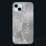 Silver Glitter Glam Bling Personalised Metallic iPhone 15 Mini Case<br><div class="desc">Easily personalise this silver brushed metal and glamourous faux glitter patterned phone case with your own custom name.</div>