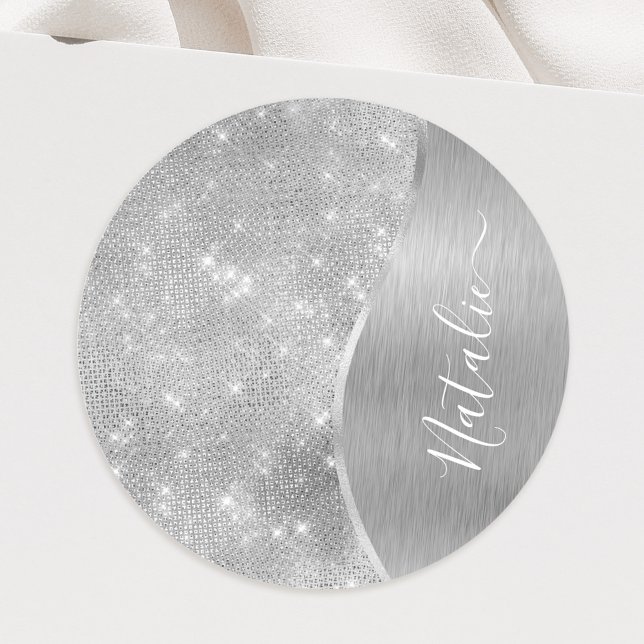 Silver Glitter Glam Bling Personalised Metallic Classic Round Sticker (Creator Uploaded)