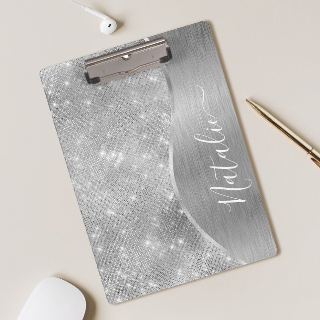 Silver Glitter Glam Bling Personalised Metallic Clipboard (Creator Uploaded)