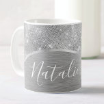 Silver Glitter Glam Bling Personalised Metallic Coffee Mug<br><div class="desc">Easily personalise this silver brushed metal and glamourous faux glitter patterned coffee mug with your own custom name.</div>