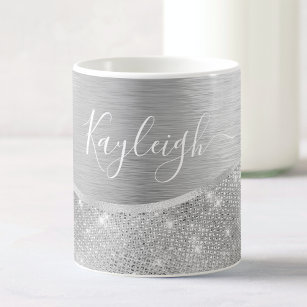 Silver Glitter Glam Bling Personalised Metallic Coffee Mug