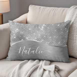 Silver Glitter Glam Bling Personalised Metallic Decorative Cushion