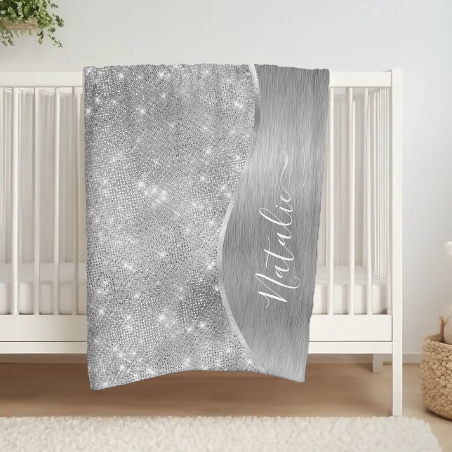 Silver Glitter Glam Bling Personalised Metallic Fleece Blanket (Creator Uploaded)