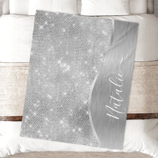 Silver Glitter Glam Bling Personalised Metallic Fleece Blanket (Creator Uploaded)