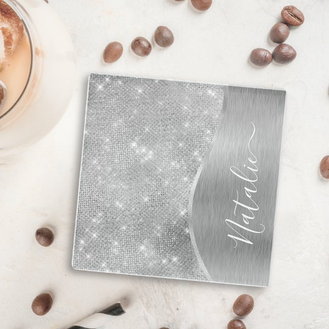 Silver Glitter Glam Bling Personalised Metallic Glass Coaster (Creator Uploaded)