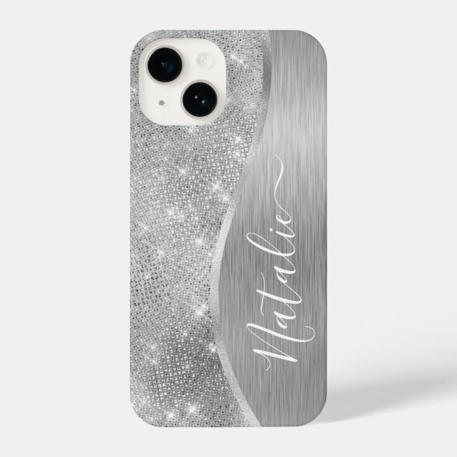 Silver Glitter Glam Bling Personalised Metallic iPhone Case (Back)