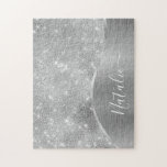 Silver Glitter Glam Bling Personalised Metallic Jigsaw Puzzle<br><div class="desc">Easily personalise this silver brushed metal and glamourous faux glitter patterned jigsaw puzzle with your own custom name.</div>