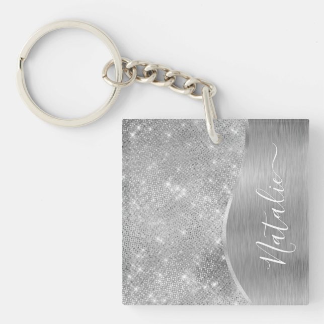 Silver Glitter Glam Bling Personalised Metallic Key Ring (Front)