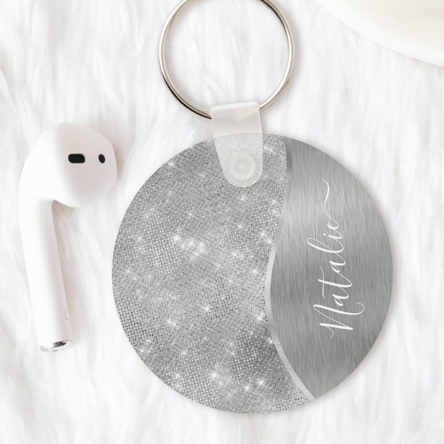 Silver Glitter Glam Bling Personalised Metallic Key Ring (Creator Uploaded)