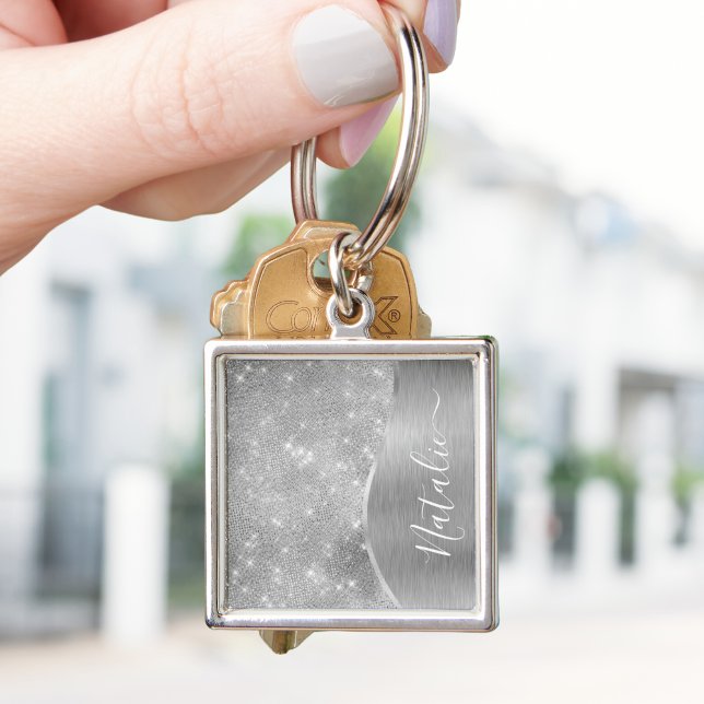 Silver Glitter Glam Bling Personalised Metallic Key Ring (Creator Uploaded)