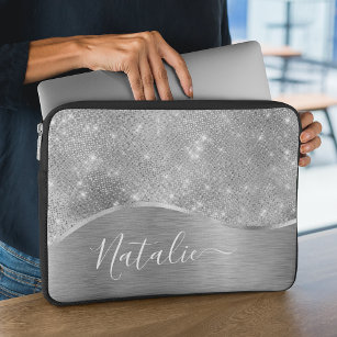 Silver Glitter Glam Bling Personalised Metallic Laptop Sleeve