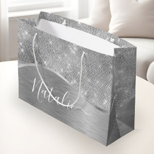 Silver Glitter Glam Bling Personalised Metallic Large Gift Bag