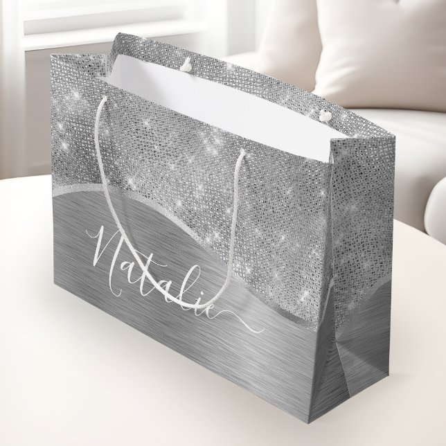 Silver Glitter Glam Bling Personalised Metallic Large Gift Bag (Creator Uploaded)