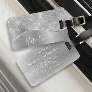 Silver Glitter Glam Bling Personalised Metallic Luggage Tag