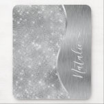 Silver Glitter Glam Bling Personalised Metallic Mouse Mat<br><div class="desc">Easily personalise this silver brushed metal and glamourous faux glitter patterned mouse pad with your own custom name.</div>