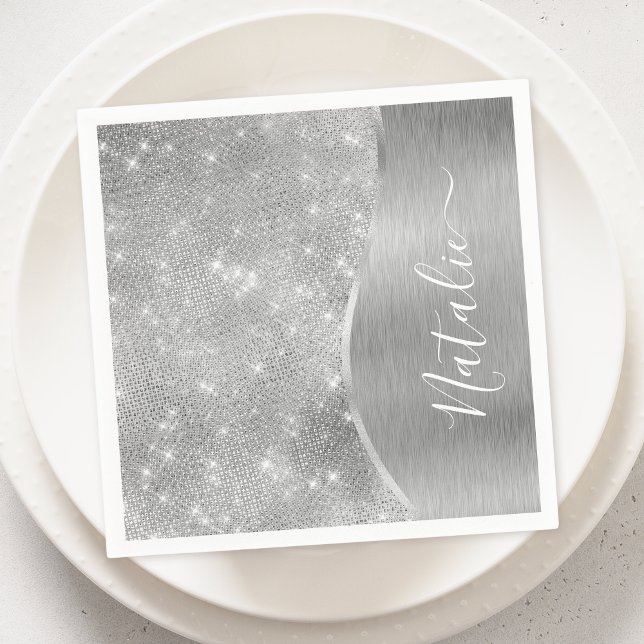 Silver Glitter Glam Bling Personalised Metallic Napkin (Creator Uploaded)
