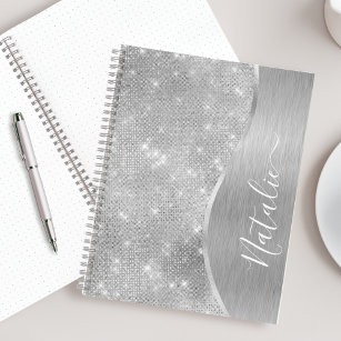Silver Glitter Glam Bling Personalised Metallic Notebook