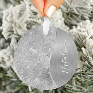Silver Glitter Glam Bling Personalised Metallic Ornament