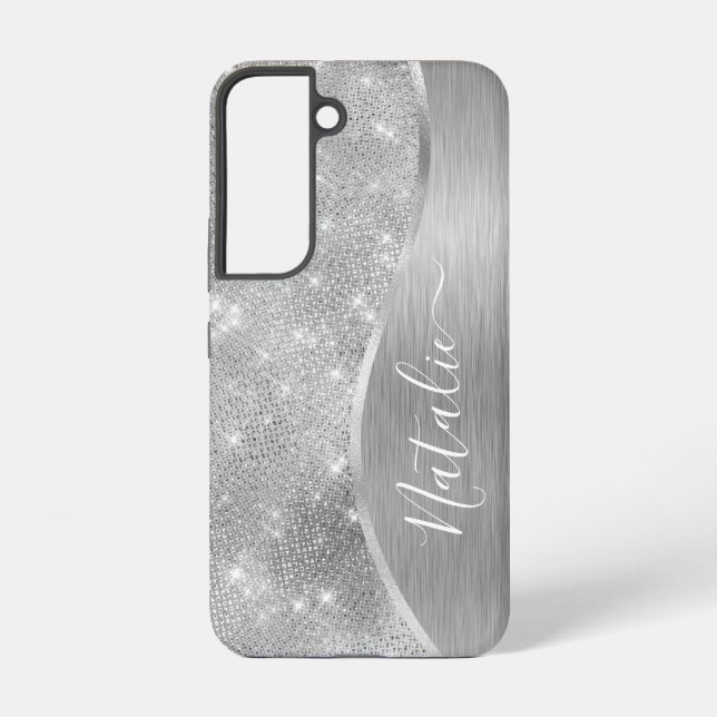 Silver Glitter Glam Bling Personalised Metallic Samsung Galaxy S22 Case (Back)