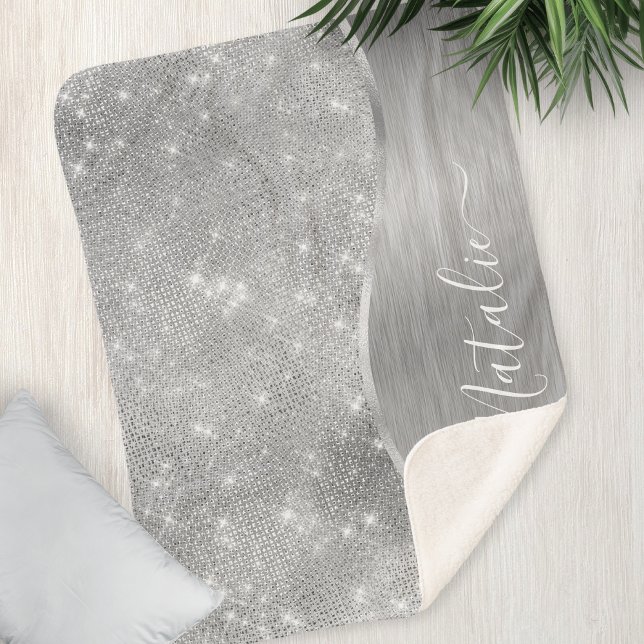 Silver Glitter Glam Bling Personalised Metallic Sherpa Blanket (Creator Uploaded)
