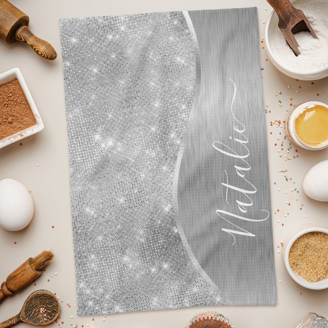 Silver Glitter Glam Bling Personalised Metallic Tea Towel (Creator Uploaded)