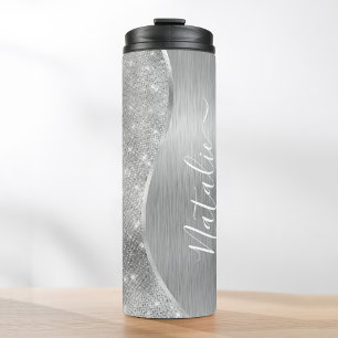 Silver Glitter Glam Bling Personalised Metallic Thermal Tumbler