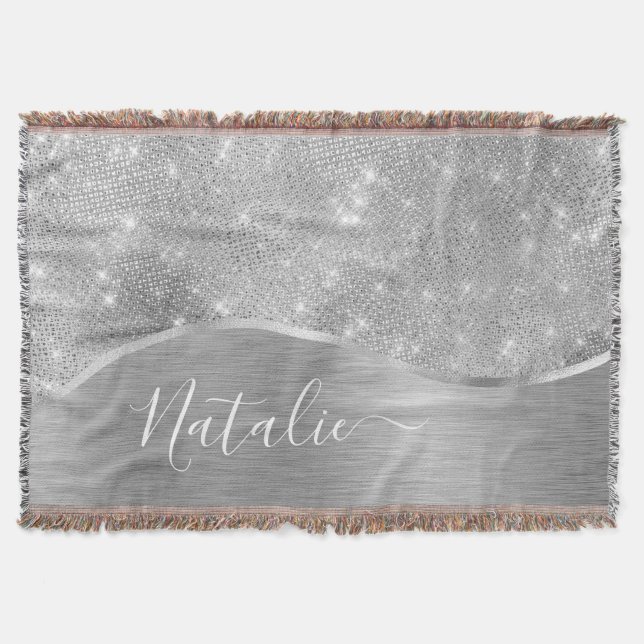Silver Glitter Glam Bling Personalised Metallic Throw Blanket (Front)
