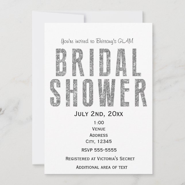 Silver Glitter Glam Bridal Shower Chic Invitation (Front)