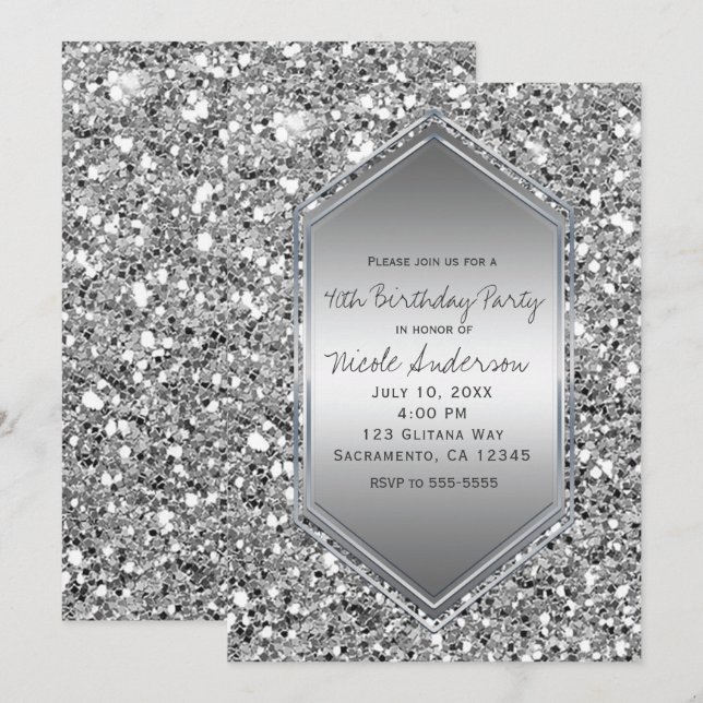 Silver Glitter Glam Chic Birthday Party Any Event Invitation (Front/Back)