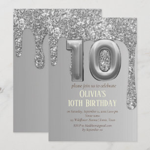 Silver Glitter Glam Drip Girl Girly 10th Birthday  Invitation
