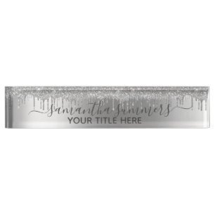 Silver Glitter Glam Drips Handwritten Calligraphy Nameplate