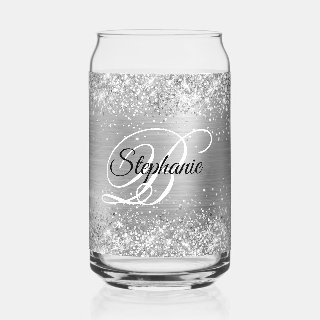Silver Glitter Glam Fancy Monogram Can Glass (Front)