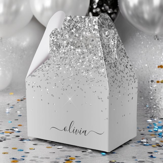 Silver Glitter Glam Metal Monogram Name Favour Box (Creator Uploaded)