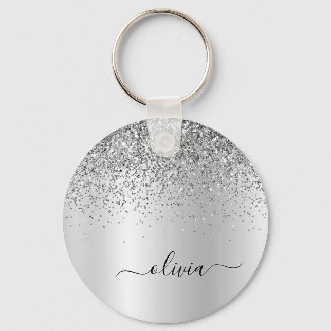 Silver Glitter Glam Metal Monogram Name Key Ring (Front)