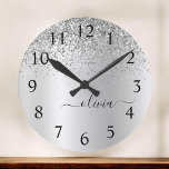 Silver Glitter Glam Metal Monogram Name Large Clock<br><div class="desc">Silver Faux Foil Metallic Sparkle Glitter Brushed Metal Monogram Name Clock. This makes the perfect sweet 16 birthday,  wedding,  bridal shower,  anniversary,  baby shower or bachelorette party gift for someone that loves glam luxury and chic styles.</div>