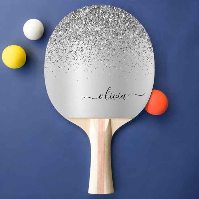 Silver Glitter Glam Metal Monogram Name Ping Pong Paddle (Creator Uploaded)