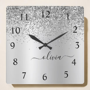 Silver Glitter Glam Metal Monogram Name Square Wall Clock