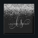 Silver Glitter Glam Monogram Name Magnet<br><div class="desc">Glam Rose Gold Glitter Elegant Monogram Magnet. Easily personalise this trendy chic magnet design featuring elegant rose gold sparkling glitter on a black background. The design features your handwritten script monogram with pretty swirls and your name.</div>