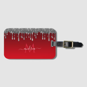 Silver Glitter Glam Red Gradient Monogram & Name   Luggage Tag