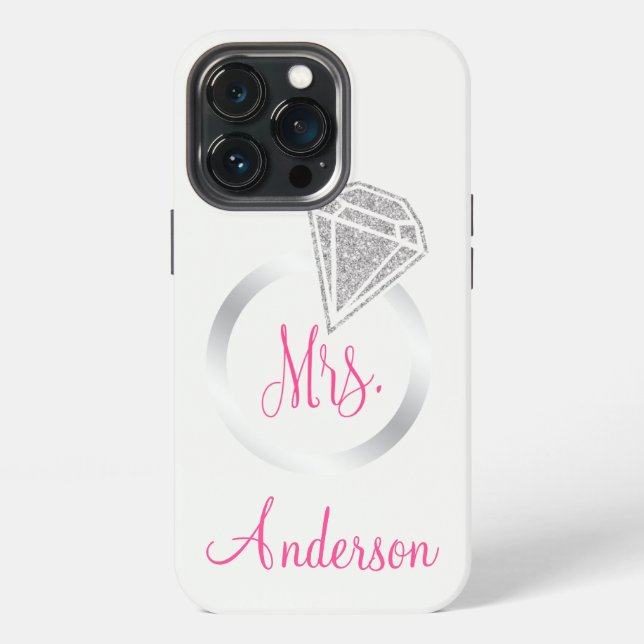 Silver Glitter Glam Ring Mrs Bride Initial Name iPhone Case (Back)