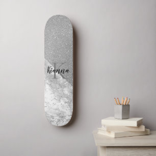 Silver Glitter Glam Silver Marble Monogram Skateboard