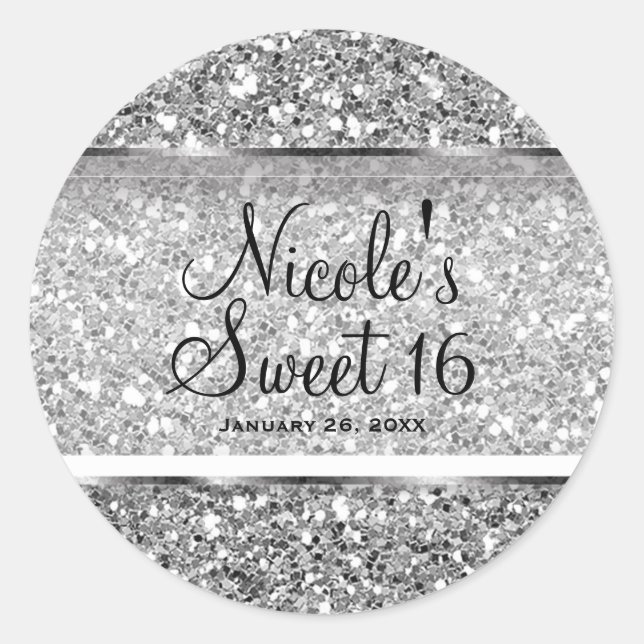 Silver Glitter Glam Sweet 16 Custom Party Favour Classic Round Sticker (Front)