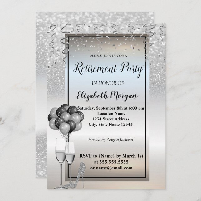 Silver  Glitter ,Glass,Ballons Retirement Party Invitation (Front/Back)