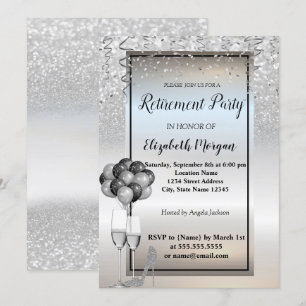 Silver  Glitter ,Glass,Ballons Retirement Party Invitation