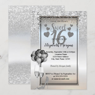 Silver  Glitter ,Glass,Ballons Sweet 16 Party Invitation