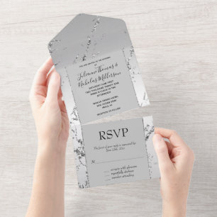 Silver Glitter Glitzy Marble All In One Invitation