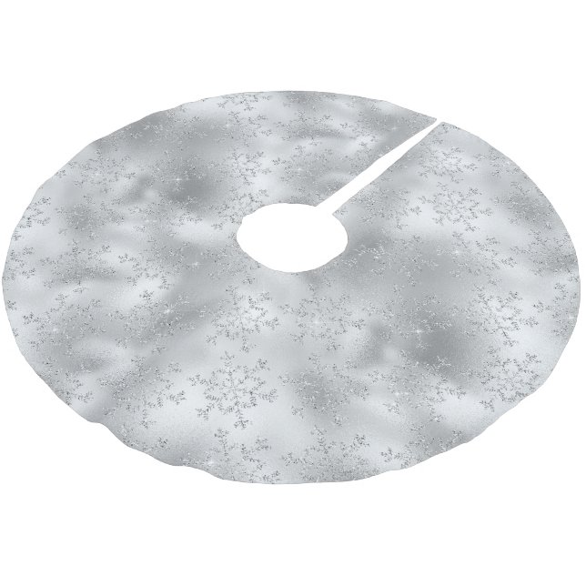 Silver Glitter Glitzy Snowflakes Brushed Polyester Tree Skirt (Angled)