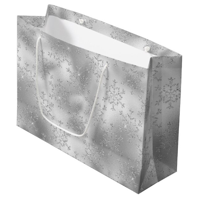 Silver Glitter Glitzy Snowflakes Large Gift Bag (Front Angled)